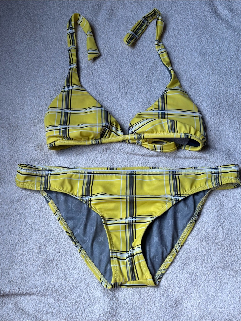 Y2K Hurley Plaid Reversible Bikini Set Yellow Charcoal Grey Logo Size Large - Picture 2 of 5